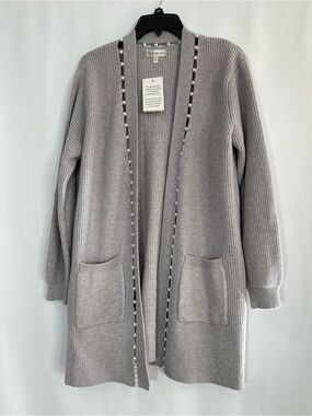 Neiman Marcus Light Gray Open-Front Cardigan with Pearl Trim XL